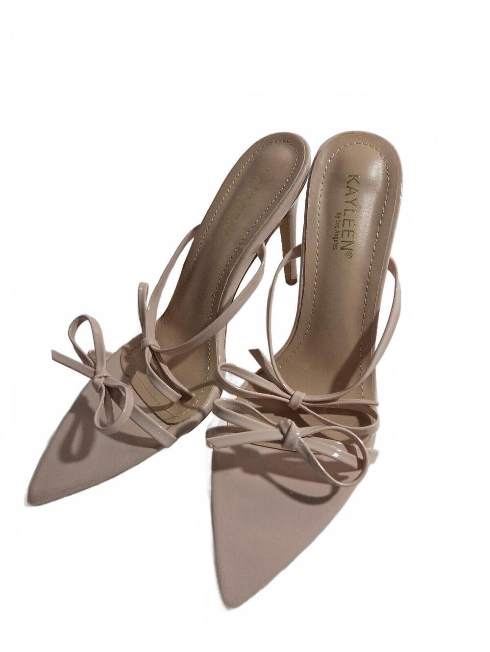 Kayleen Nude Patent Leather Pointed Toe High Heel Mules with Bow Detail Size 10